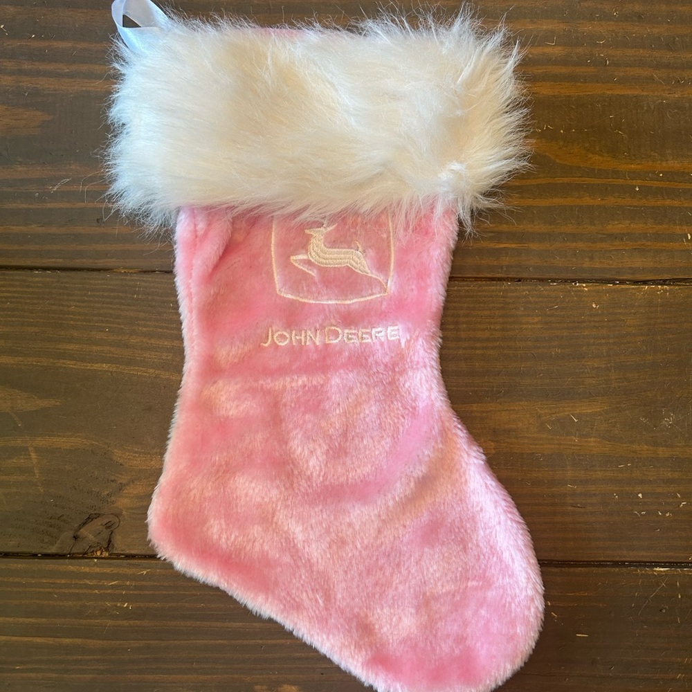 Pink Fluffy John Deere Christmas Stocking 15”
